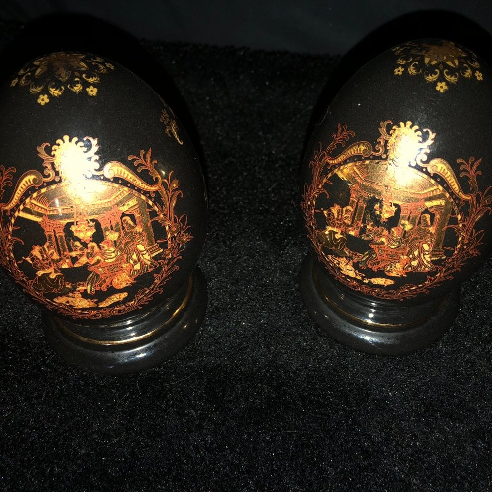 Set of 2 Vintage Japanese Hand-Painted Porcelain Eggs w/Stands 6" Gold and Black